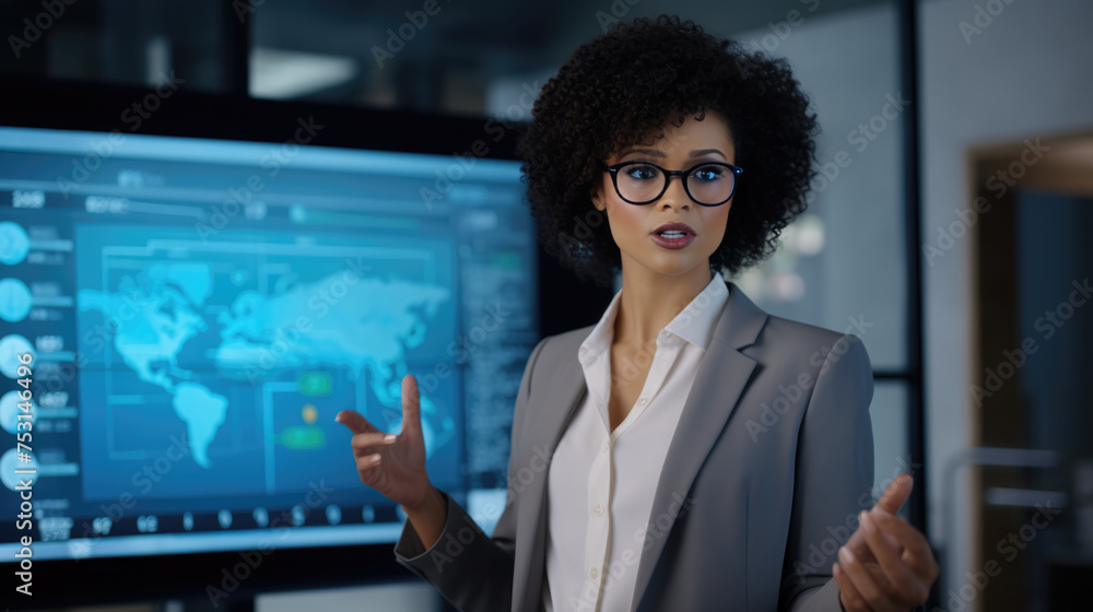 Obraz premium Woman with curly hair and glasses pointing towards a data chart on a screen, giving a business presentation or analysis.