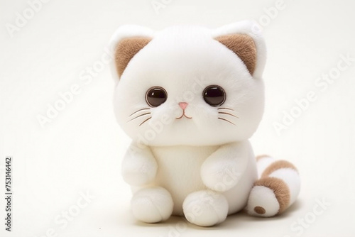 Cute cartoonish kitten plushie, nestled against a clean white backdrop, radiating warmth and coziness.