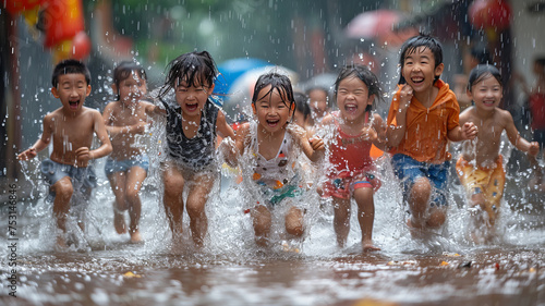 A group of children had fun playing in the water that flooded the road. During the Songkran festival in Thailand generative ai