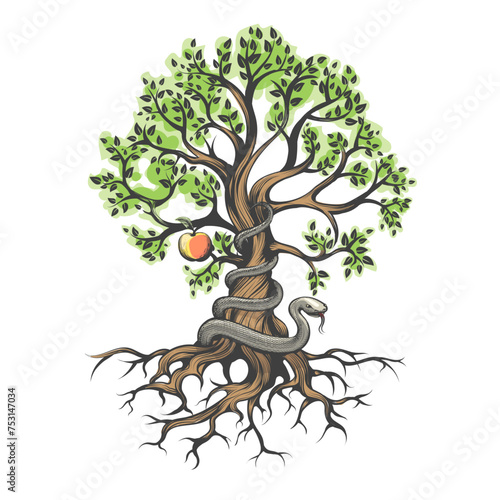 Serpent Tempter Wraps Around a Tree of the Knowledge of Good and Evil Illustration