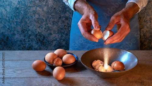 cook or chef preparing cooking or food with eggs on his plates for breakfast, lunch and dinner