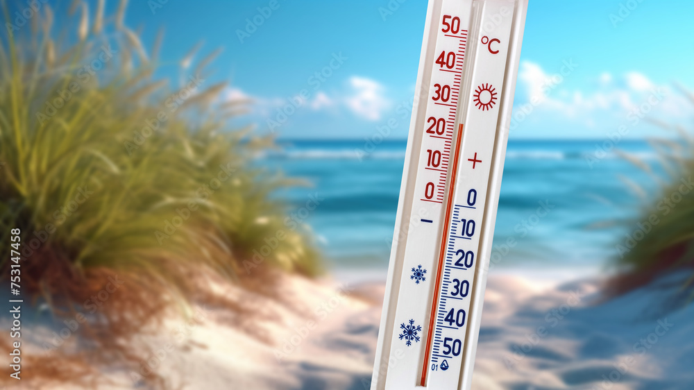 The thermometer against the background of the sea shows 25 degrees - obrazy, fototapety, plakaty 