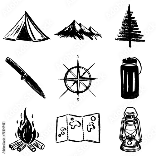 Outdoor Camping Abenteuer Symbole: Pinselstrich Zeichnungen Vektor Grafik Bundle