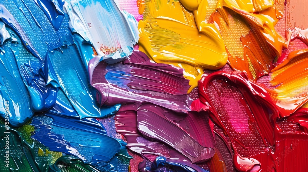 Close-up of vibrant, colorful oil paint strokes with rich texture and glossy finish.