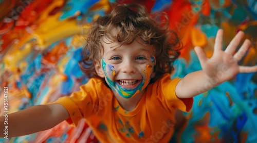 Happy little boy with curly hair covered in bright face paint, laughing and reaching out joyfully.