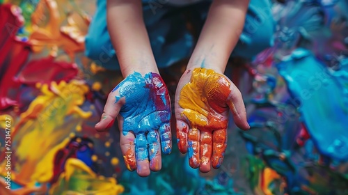Vivid and colorful painted hands of a child showing creativity and the joy of playing with colors. photo