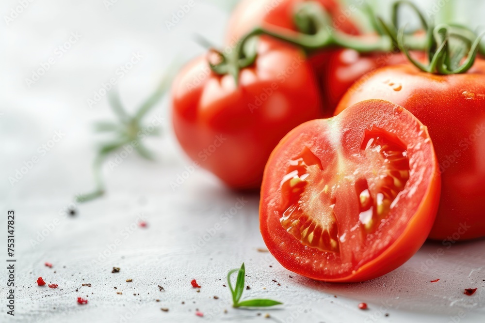 Sliced Open Fresh Tomato Amidst Whole Tomatoes on White Table Background Sliced Open Fresh Tomato Amidst Whole Tomatoes on White Table Background