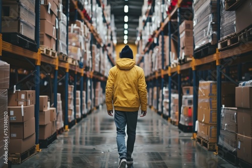 A man wearing a yellow jacket is walking through a warehouse aisle.