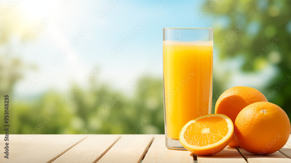 Orange Juice Glass With Oranges Around It And A Blurred Orchard In The Background Orange Juice Glass With Oranges Around It And A Blurred Orchard In The Background