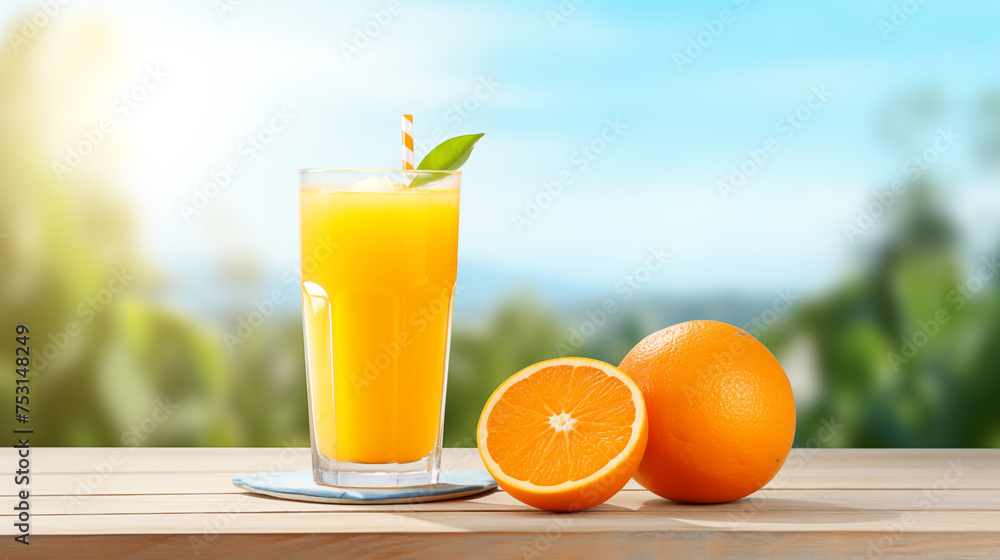 Orange Juice Glass With Oranges Around It And A Blurred Orchard In The Background Orange Juice Glass With Oranges Around It And A Blurred Orchard In The Background