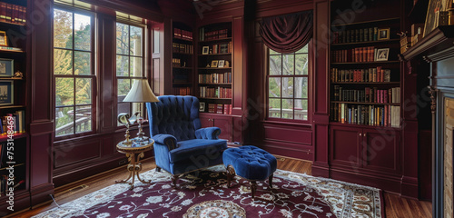 A Cleveland Colonial Revival style house's library, with walls in deep burgundy and built-in bookshelves painted in a glossy shade of ivory, featuring a plush, indigo reading chair.