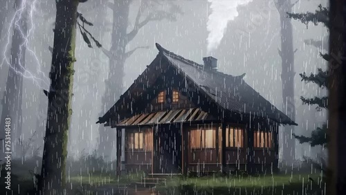 old hut in the rainforest witg rain amd smoke fog, video seamless looping 4K photo