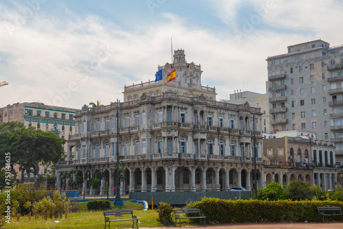 Spanish Embassy (Embajada de Espana en Cuba) on Calle Agramonte Street at Calle Capdevila Street in Old Havana (La Habana Vieja), Cuba. Old Havana is a World Heritage Site.  photo