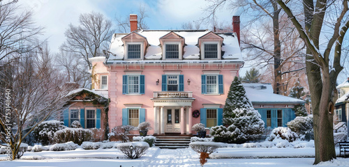 A Cleveland Colonial Revival style house during winter, with its facade in a pastel pink hue, contrasting with pure white snow and slate blue shutters, creating a picturesque scene.