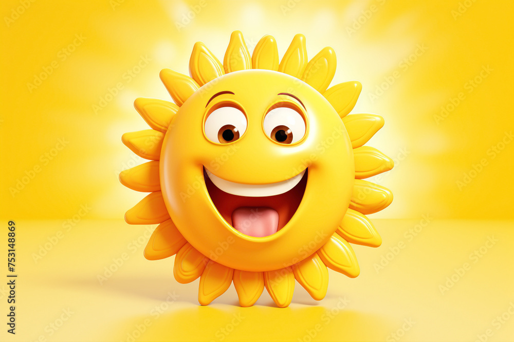 Cheerful cartoonish sun character, with a radiant smile and warm rays, against a clean white backdrop, symbolizing happiness and positivity.
