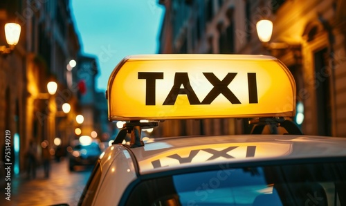 Picture of a taxi sign on a car roof. Taxi transport detail against night blur city.