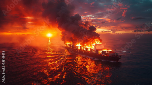 fire is burning large cargo ship while traveling to deliver goods at sea during sunset,generative ai