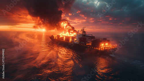 fire is burning large cargo ship while traveling to deliver goods at sea during sunset,generative ai