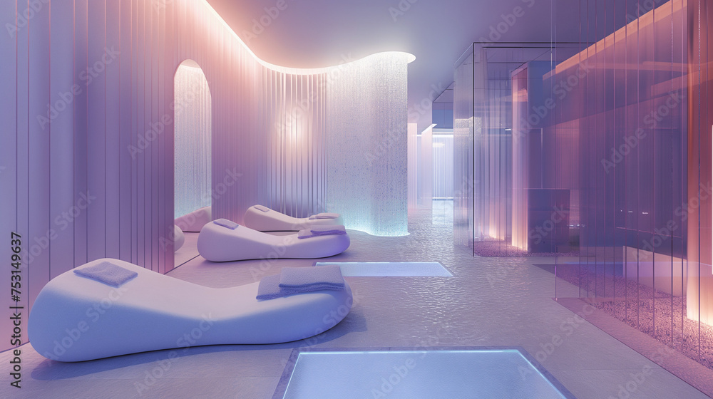 Serene Aqua-Themed Spa Interior with Relaxation Pools Serene Aqua-Themed Spa Interior with Relaxation Pools