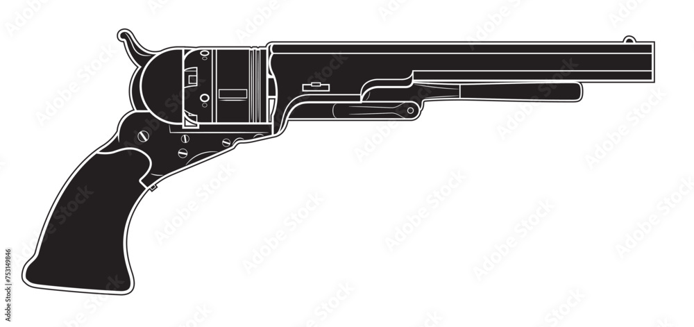 Vector illustration of the Colt Paterson revolver with ramrod lever on the white background. Black. Right side.