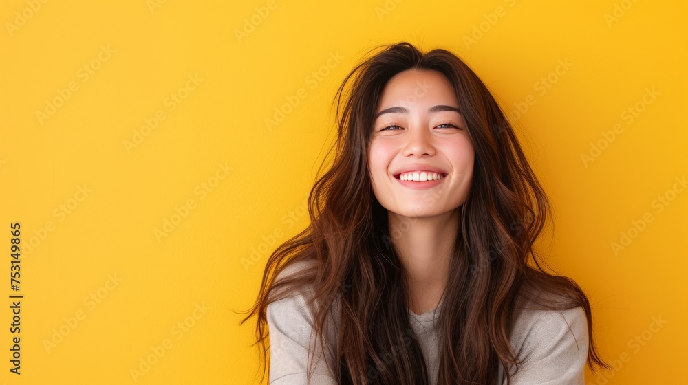 Fototapeta premium Mixed race half-caucasian and half-japanese fashion model with long hair, raising one eyebrow with a big smile, thinking something, minimal yellow background.