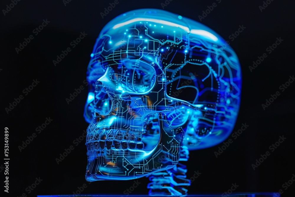 3D model of a skull with integrated blue tech circuits and glowing neural paths illustrating the evolution of bioinformatics 3D model of a skull with integrated blue tech circuits and glowing neural paths illustrating the evolution of bioinformatics