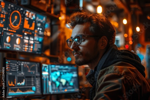 An intense scene of a man focused on data analysis across several monitors showcasing graphs and pie charts © familymedia