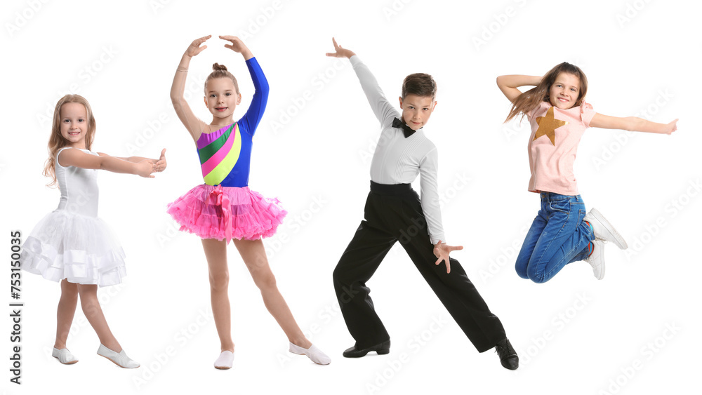 Naklejka premium Group of children dancing on white background, set of photos