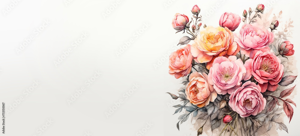 Romantic bouquet watercolor of peonies full view  in vase on a light background, in bright colors. For Birthday, Easter, Mother day, Valentine's day greeting banner, card, copy space.
