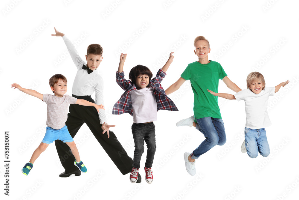 Group of children dancing on white background, set of photos Group of children dancing on white background, set of photos