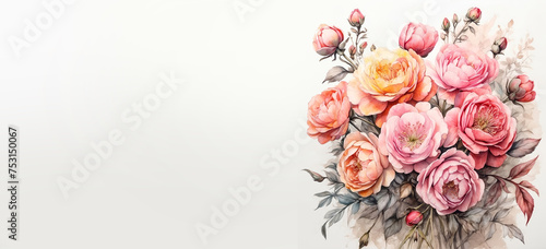 Romantic bouquet watercolor of peonies full view  in vase on a light background, in bright colors. For Birthday, Easter, Mother day, Valentine's day greeting banner, card, copy space.
