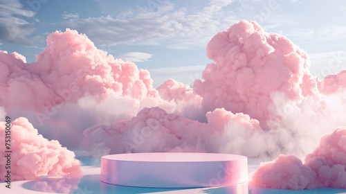 3D rendered pastel scene with a floating platform amidst sky and clouds creating a serene stage for organic beauty products