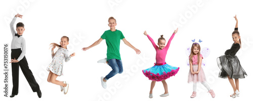 Group of children dancing on white background, set of photos