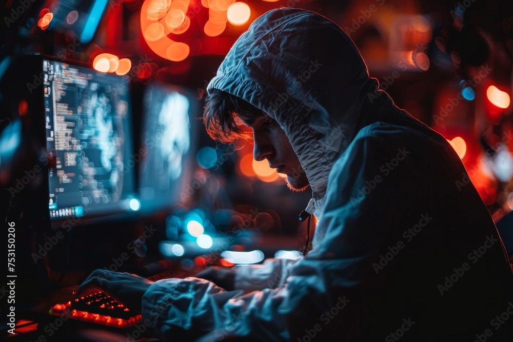 An enigmatic figure wearing a hoodie hacks away on a computer in a dark, neon-lit space, representing concepts of cybercrime and digital security