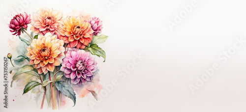 Romantic bouquet watercolor of Dahlia full view in vase on a light background, in bright colors. For Birthday, Easter, Mother day, Valentine's day greeting banner, card, copy space.