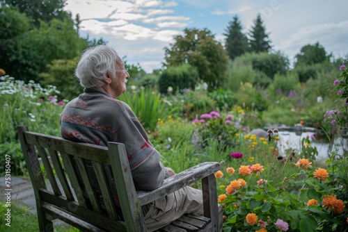 Elderly Person Sitting Serenely on Rustic Wooden Bench in Lush Garden with Blooming Flowers and Tranquil Pond, Embodying Peace and Tranquility Concept © Exotic Escape