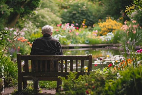 Serene Elderly Person Sitting on Rustic Wooden Bench in Lush Garden, Surrounded by Blooming Flowers and Tranquil Pond, With Clear Sky Above, Evoking Peaceful Contemplation Concept © Exotic Escape