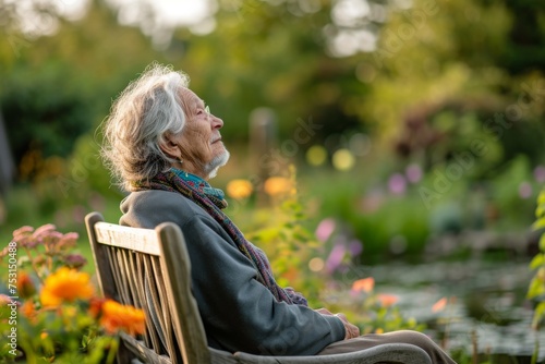 Serene Elderly Person Contemplating in Lush Garden with Blooming Flowers and Tranquil Pond, Under Soft Natural Lighting, Concept of Peace and Tranquility
