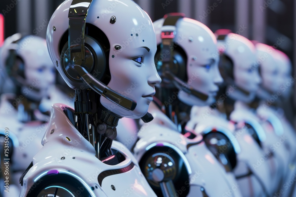 Fototapeta premium Female Humanoid Robots in Customer Service Call Center Setting, Wearing Headsets and Engaged in Work, Illustrating Technology and Service Industry Concept