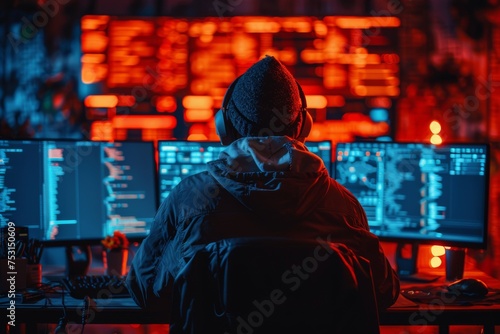 A mysterious individual typifies the modern hacker, working amidst screens glowing with code in a dim, moody environment