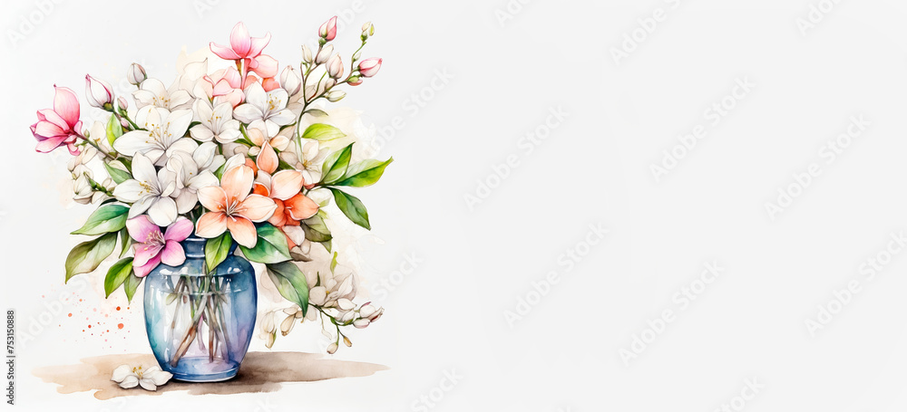 Romantic bouquet watercolor of Jasmine full view  in vase on a light background, in bright colors. For Birthday, Easter, Mother day, Valentine's day greeting banner, card, copy space.
