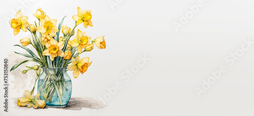 Romantic bouquet watercolor of Jonquil daffodils with big bee in full view on a light background, in bright colors. For Birthday, Easter, Mother day, Valentine's day greeting banner, card, copy space. © Sanita