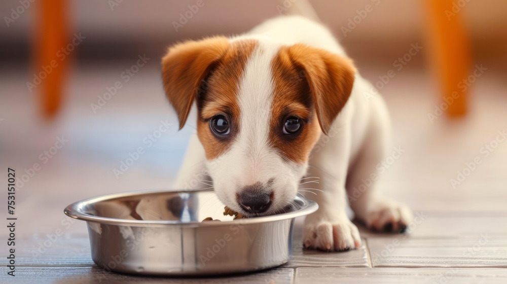 Close up cute puppy eating from a bowl, looking at camera with copyspace for text