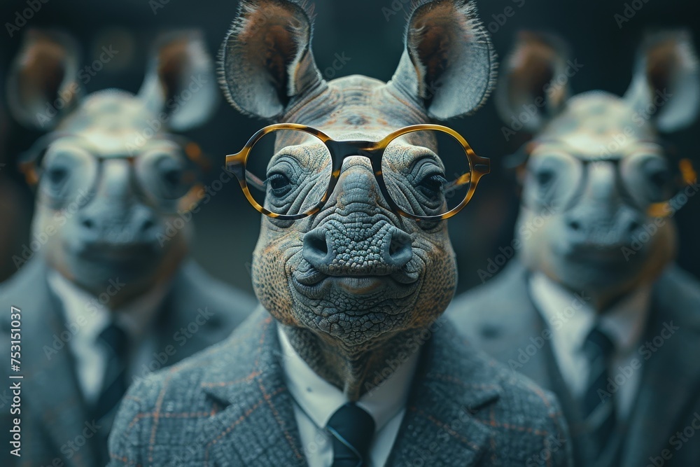 Three rhinos dressed in elegant suits and glasses, creating a powerful image of surreal corporate wildlife