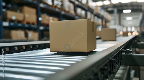 Photo of box or parcel moving along a conveyor belt in sorting center. © CozyDigital