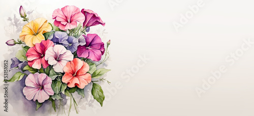 Romantic bouquet watercolor of Petunia full view on a light background, in bright colors. For Birthday, Easter, Mother day, Valentine's day greeting banner, card, copy space.