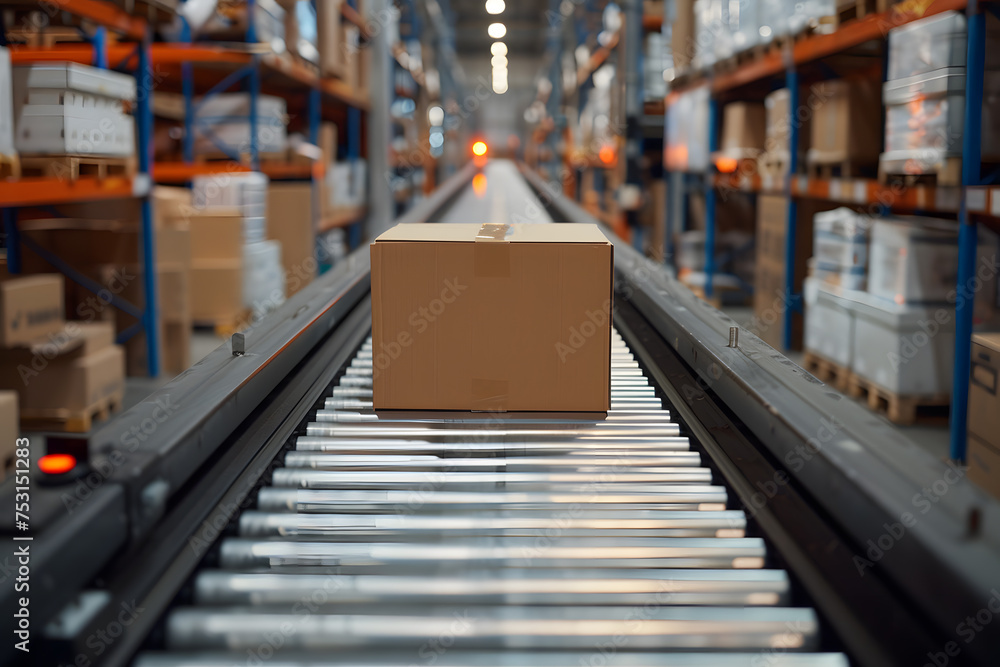 Photo of box or parcel moving along a conveyor belt in sorting center. Photo of box or parcel moving along a conveyor belt in sorting center.