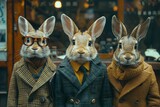 These rabbits, dressed in trendy coats and scarfs, are depicted against a blurry cityscape, exuding urban coolness