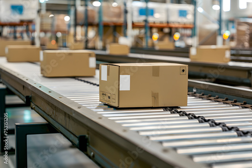 Photo of box or parcel moving along a conveyor belt in sorting center. © CozyDigital