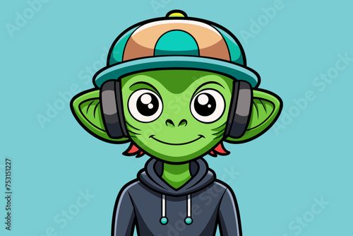 Funny hip-hop-Alien Cute wearing a monkey hat Put on headphones There was a slight smile at the corners of the mouth, easygoing. full body view. 